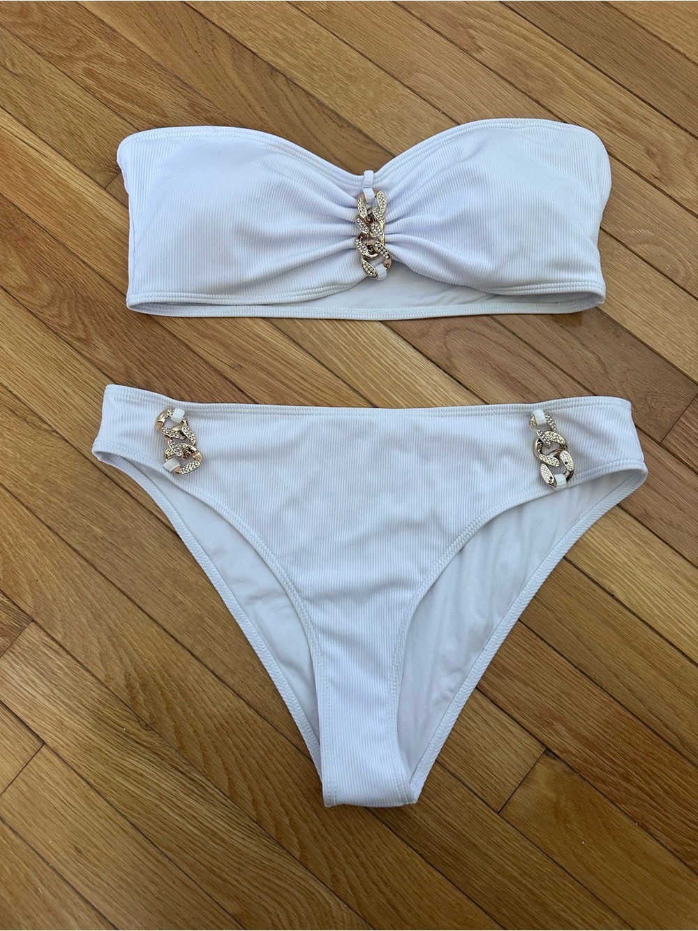 Strapless White Bandeau Bikini Set with Gold Chain Accents Size XL